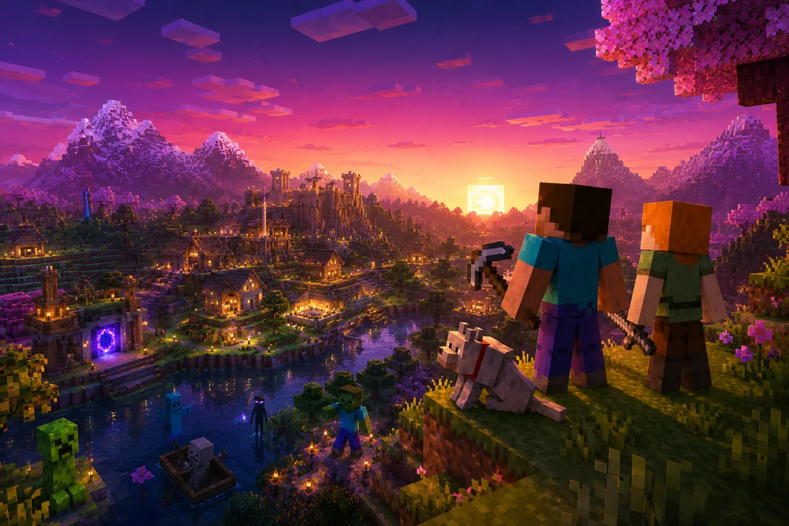 Minecraft Java sunset landscape overview